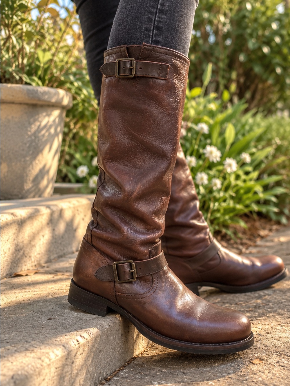 Frye Veronica Slouch Tall Brown Leather Engineer Moto Boots Women’s 7.5 M